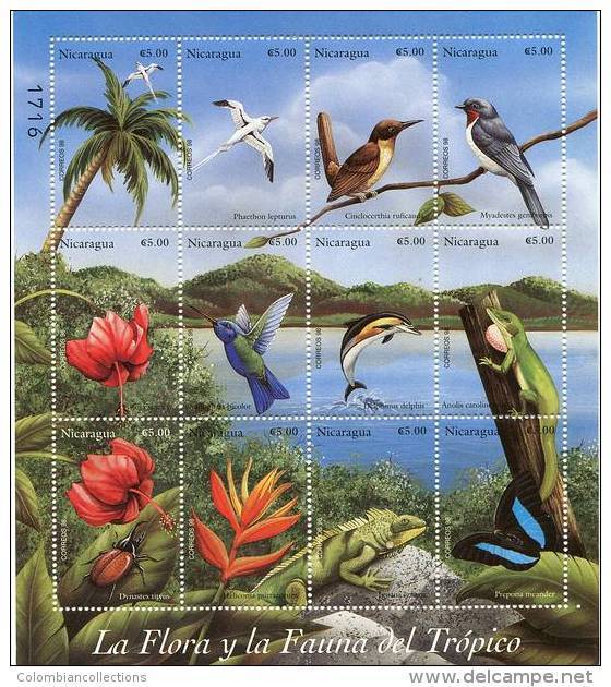 Lote 2267, Nicaragua, 1998, Pliego, Sheet, Fauna, Flora, Bird, Butterfly, Reptile, Dolphin, Heliconia - Nicaragua