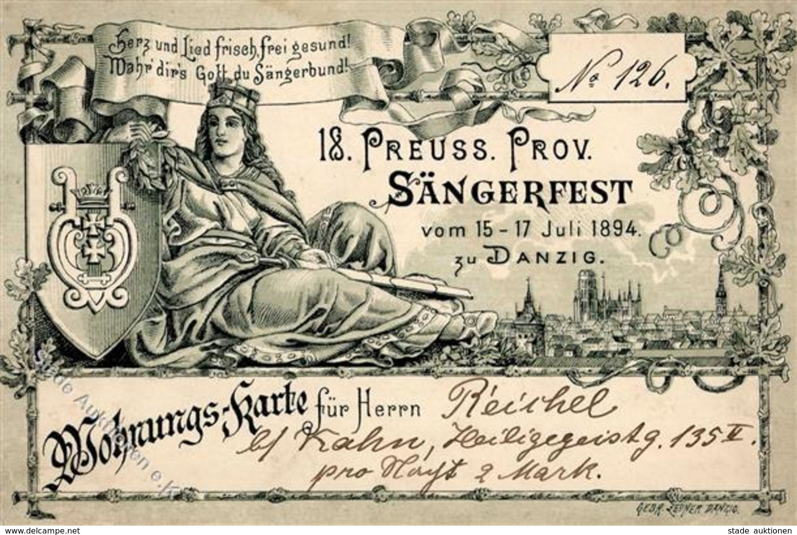 Sängerfest Danzig 1894 Wohnungs Karte I-II (Eckbug, Keien AK) - Musik Und Musikanten