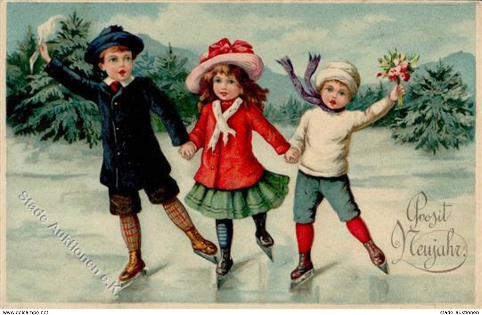 Neujahr Kinder Schlittschuh Lithographie / Prägedruck I-II Bonne Annee - New Year