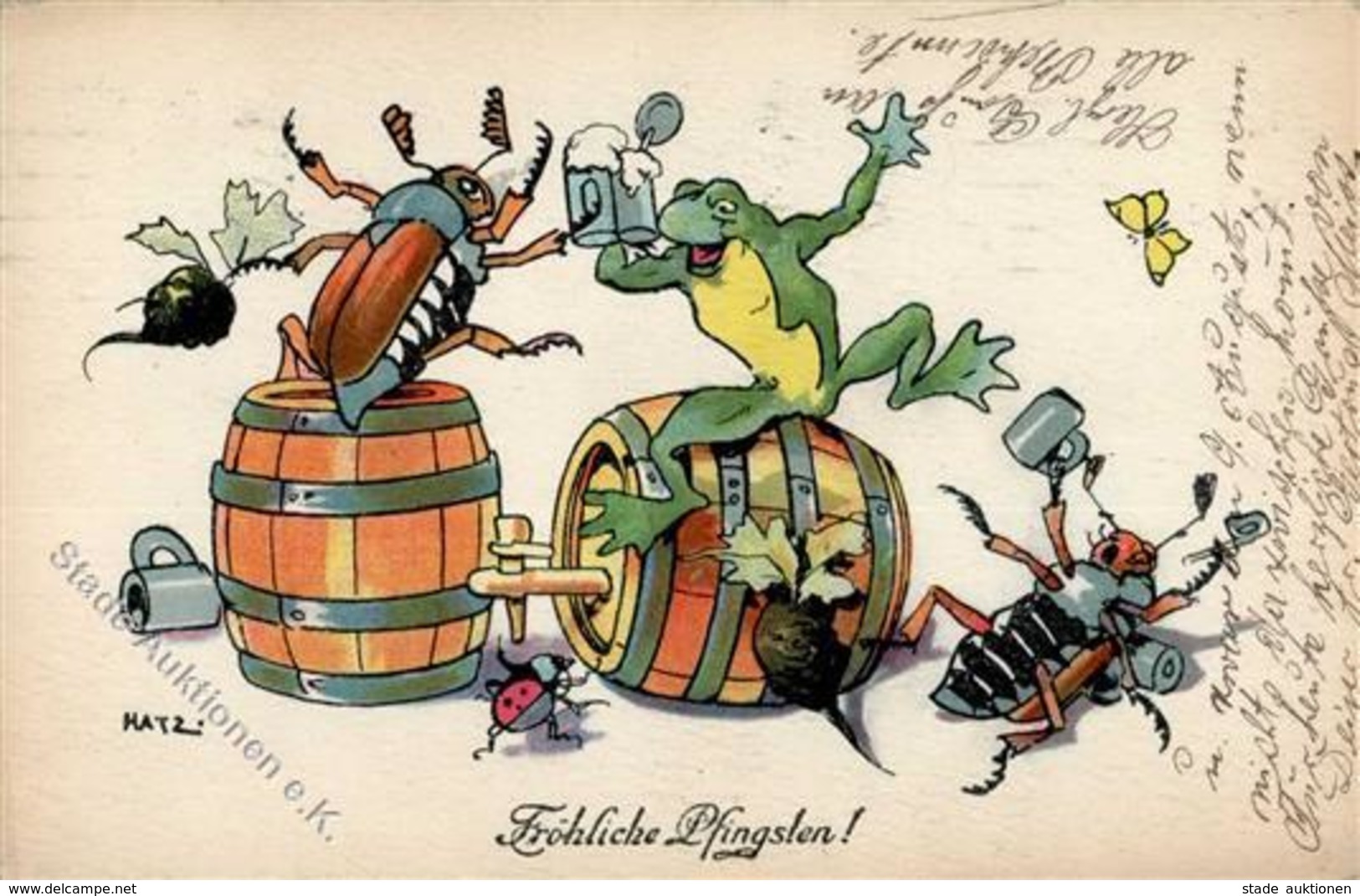 Maikäfer Frosch Personifiziert Bier Pfingsten Sign. Hatz Künstlerkarte 1915 I-II Hanneton Grenouille Bière - Insekten
