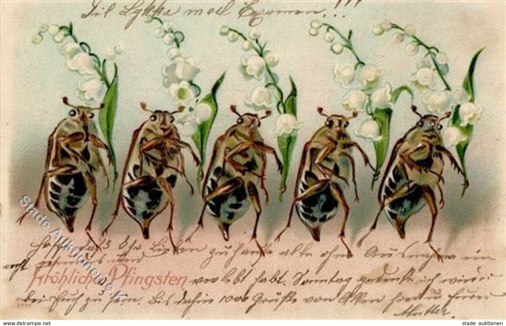 Maikäfer Personifiziert Pfingsten Lithographie / Prägedruck 1906 I-II Hanneton - Insekten