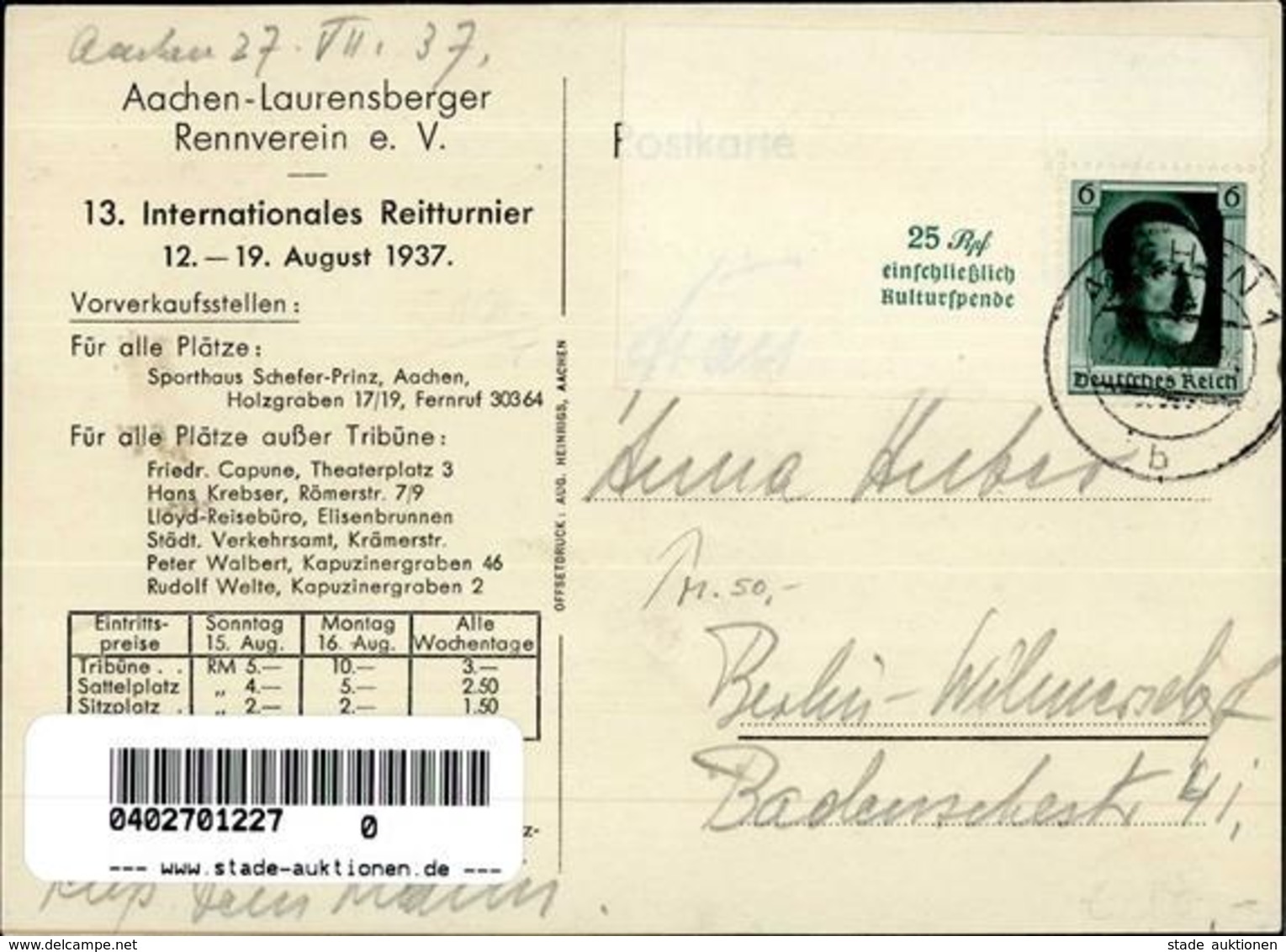 Pferd Aachen (5100) Internationales Reittunier Werbe AK I-II (fleckig) - Pferde