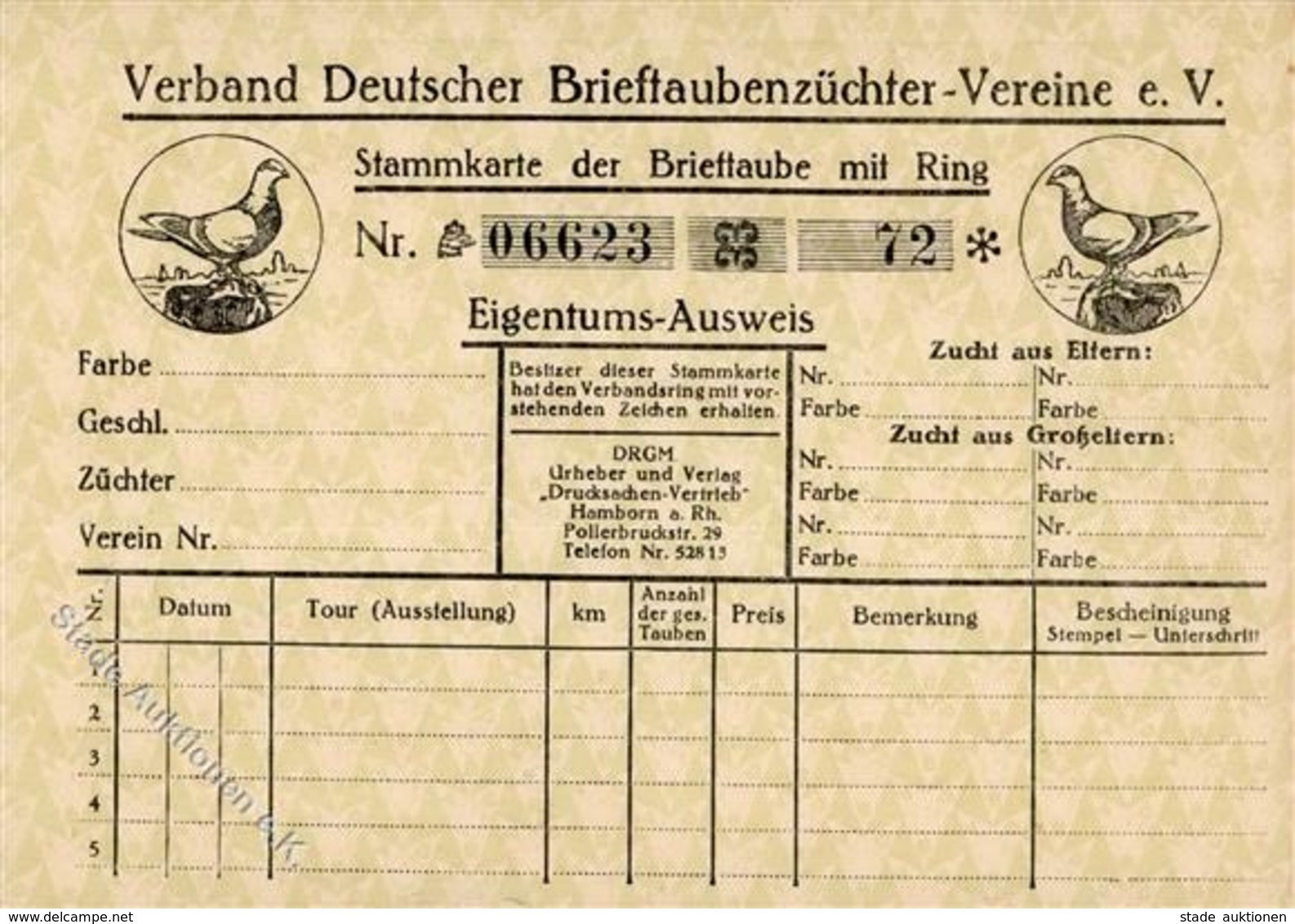 Taube Stammkarte Der Brieftaube Mit Ring  KEINE AK I-II - Sonstige & Ohne Zuordnung