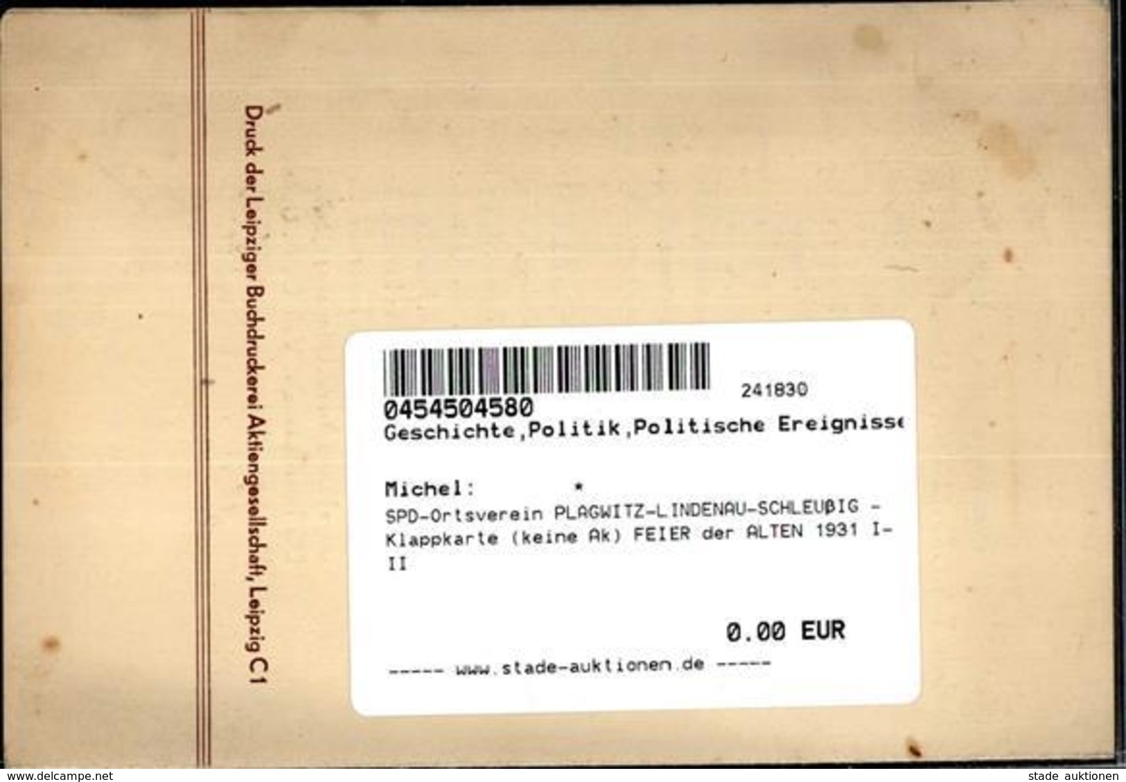 SPD-Ortsverein PLAGWITZ-LINDENAU-SCHLEUßIG - Klappkarte (keine Ak) FEIER Der ALTEN 1931 I-II - Events