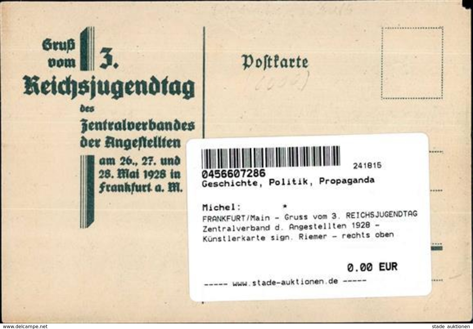 FRANKFURT/Main - Gruss Vom 3. REICHSJUGENDTAG Zentralverband D. Angestellten 1928 - Künstlerkarte Sign. Riemer - Rechts  - Ereignisse