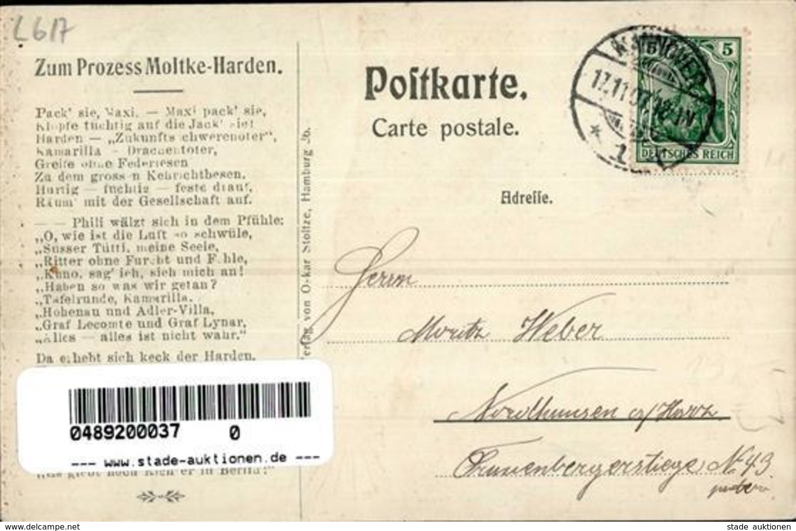Politik Moltke Harden Prozess Künstlerkarte 1907 I-II - Ereignisse