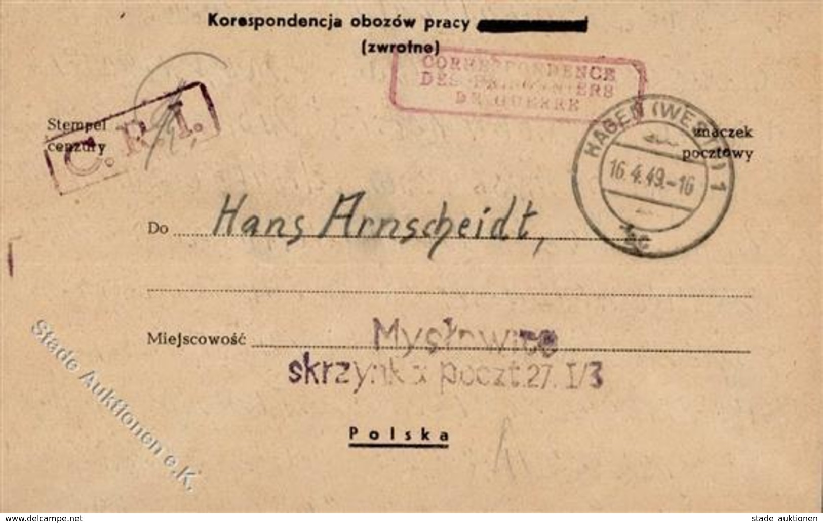 Kriegsgefangene Post WK II Seltene Post Mit Zensur Aus Den Jetzt Polnischen Oberschlesischen Kohlegruben I-II - Weltkrieg 1939-45