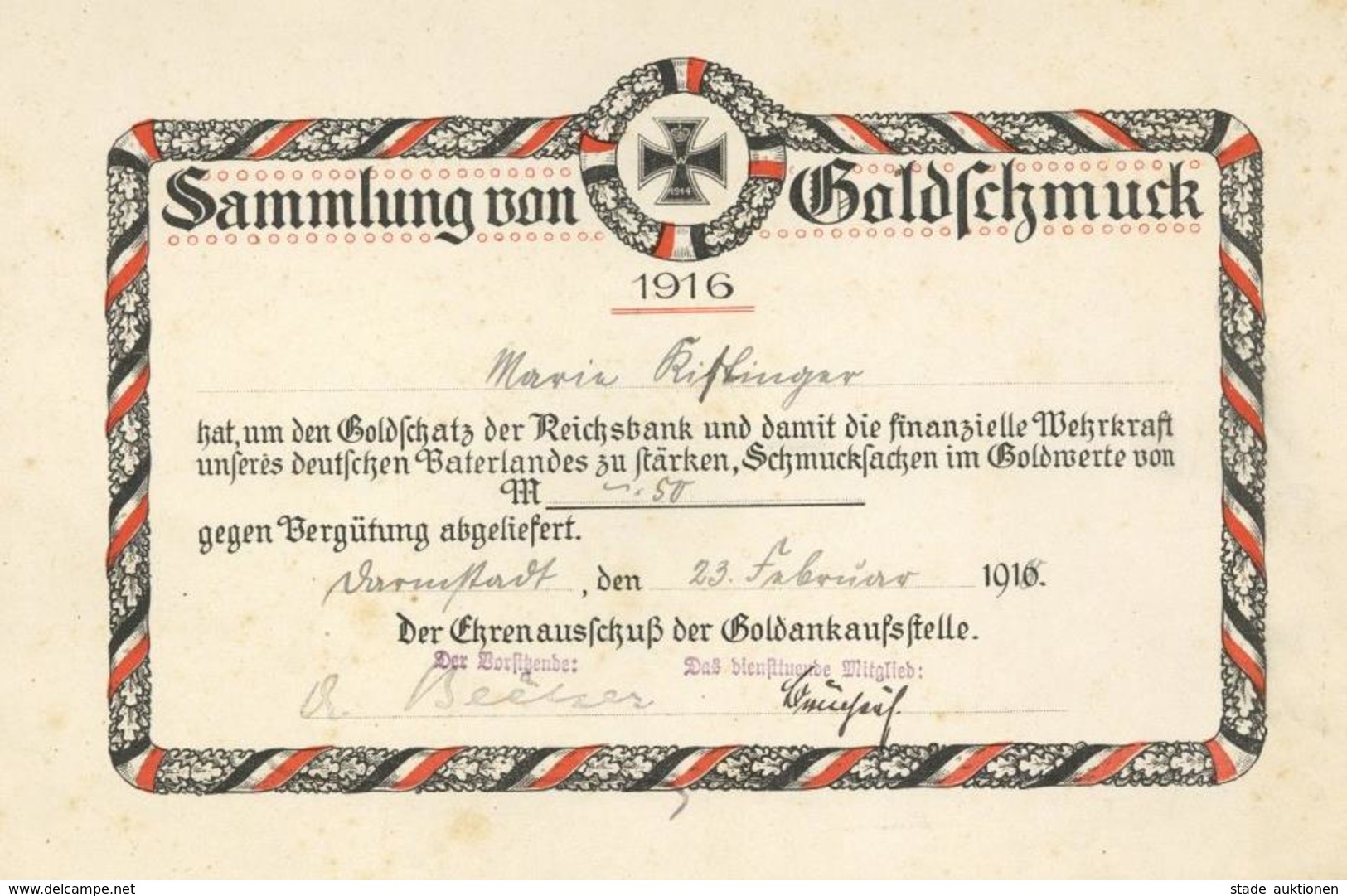 WK I Urkunde Sammlung Von Goldschmuck 1916 II (fleckig) - Weltkrieg 1914-18