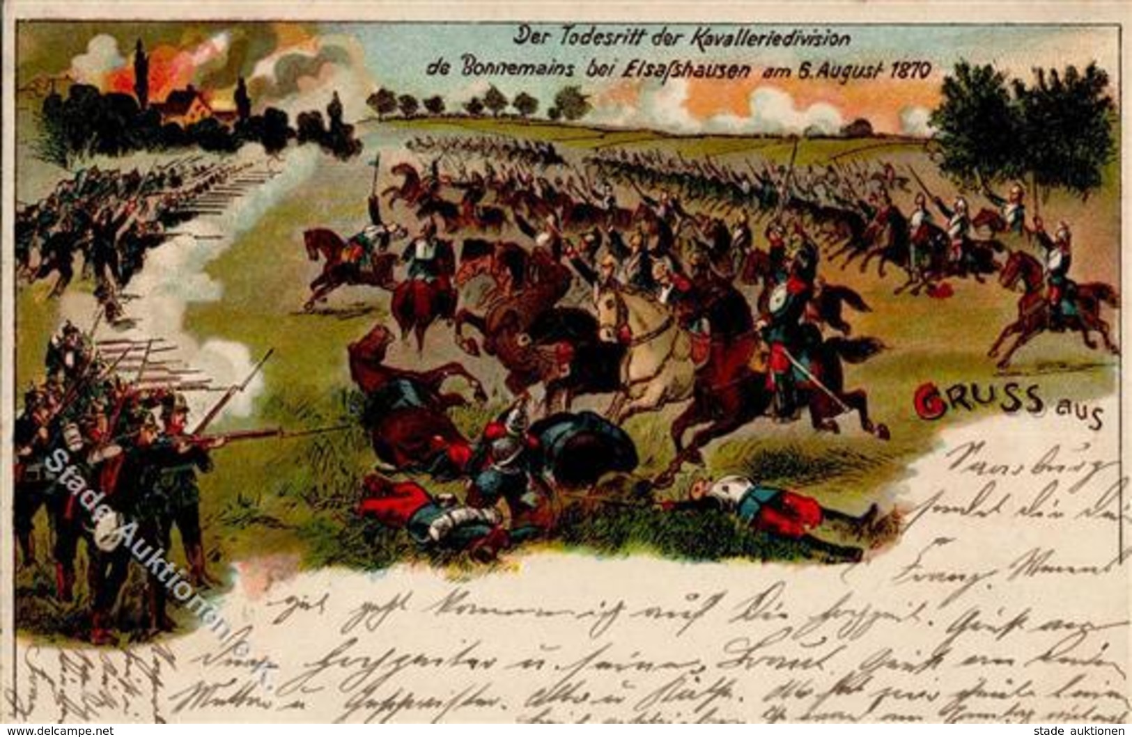 WK I, Gruss Aus Der Todesdritt Der Kavalleriedivision De Bonnemains Bei Elsaßhausen Am 6.August 1870", Farbig, 5 Pf Grün - Weltkrieg 1914-18