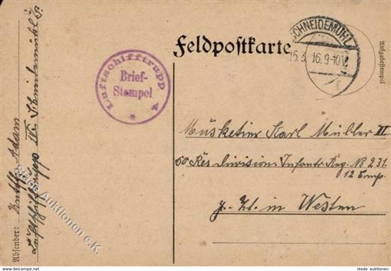 Feldpost WK I Schneidemühl 15.3.16 Luftschiffertrupp Briefstempel I-II - Guerre 1914-18