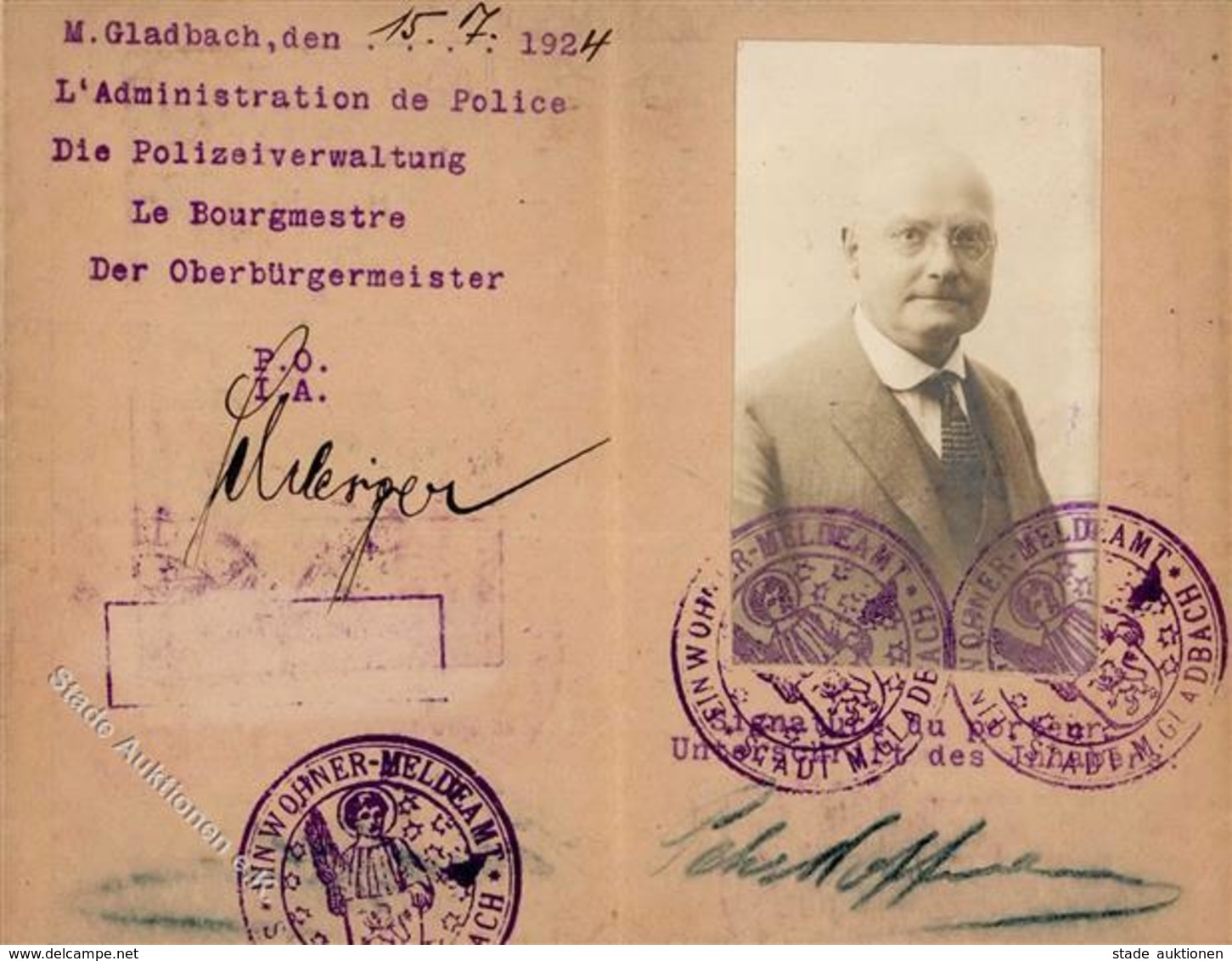 Zwischenkriegszeit Mönchengladbach (4050) Ausweis Deutsch-Französisch 1924 II (fleckig) - Geschichte