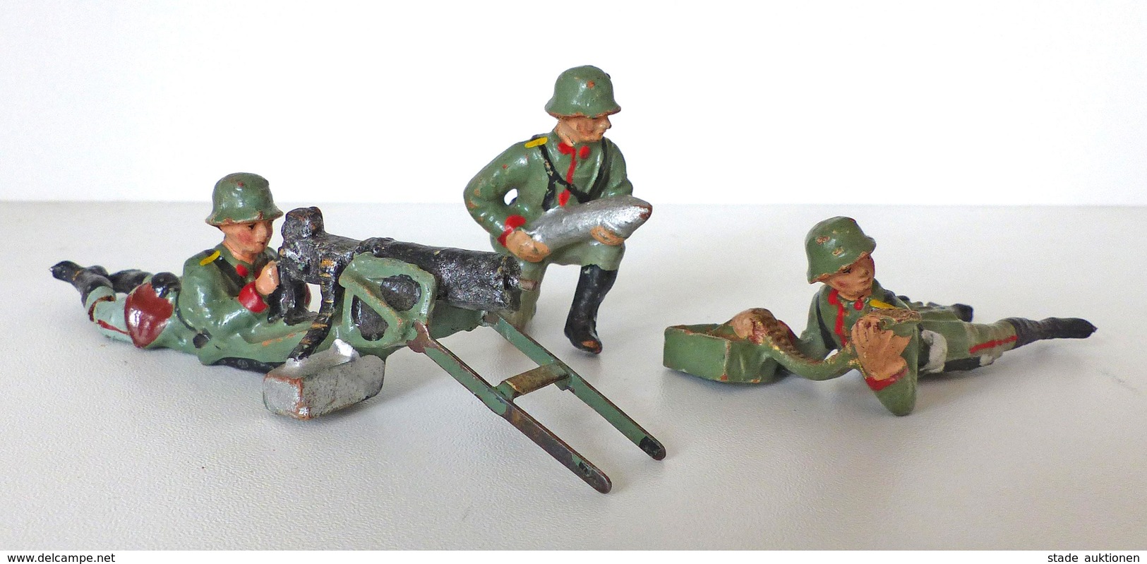 Zwischenkriegszeit Wehrmacht Lineol U. Elastin Figuren 3 Soldaten 1x Mit SMG 1x MG Munition 1x Minenwerfer Bespielt I-II - Storia