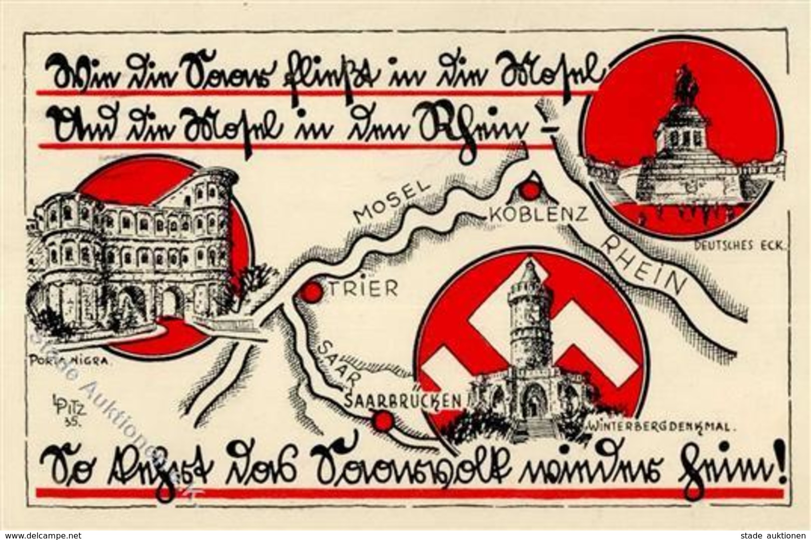 Saarabstimmung WK II Deutsches Eck Porta Nigra Winterbergdenkmal Sign. Pitz, L. I-II - Weltkrieg 1939-45