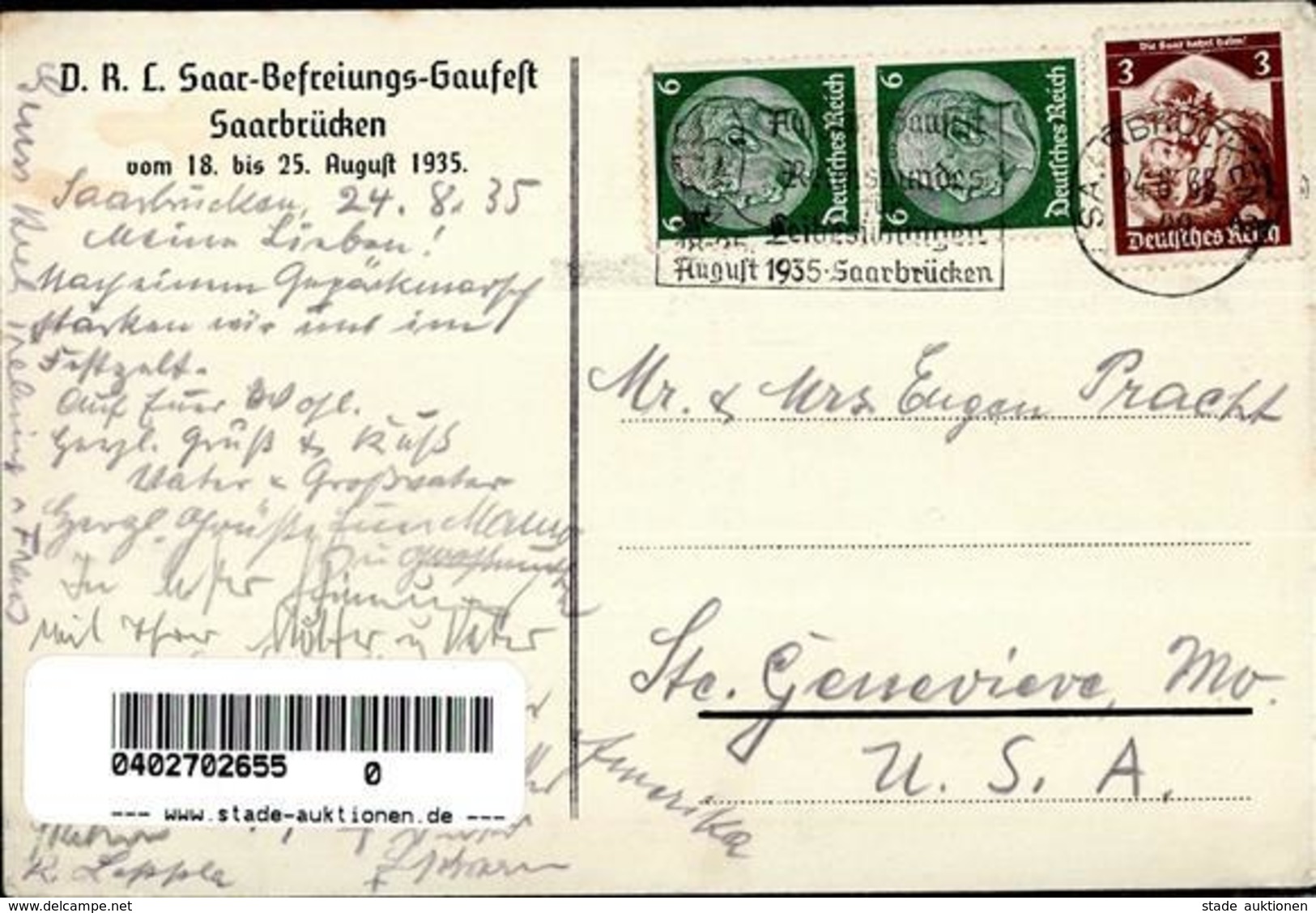 Saarabstimmung WK II Saarbrücken (6600) D.R.L. Saar Befreiungs Gaufest I-II (fleckig) - Weltkrieg 1939-45