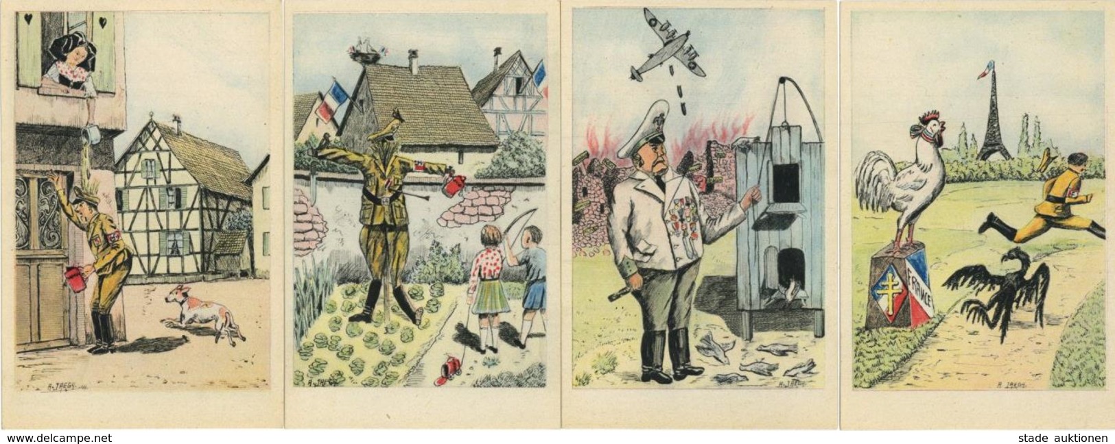 Anti Propaganda Frankreich WK II 4'er Set Künstler-Karten Sign. Jaegy, A. I-II - War 1939-45