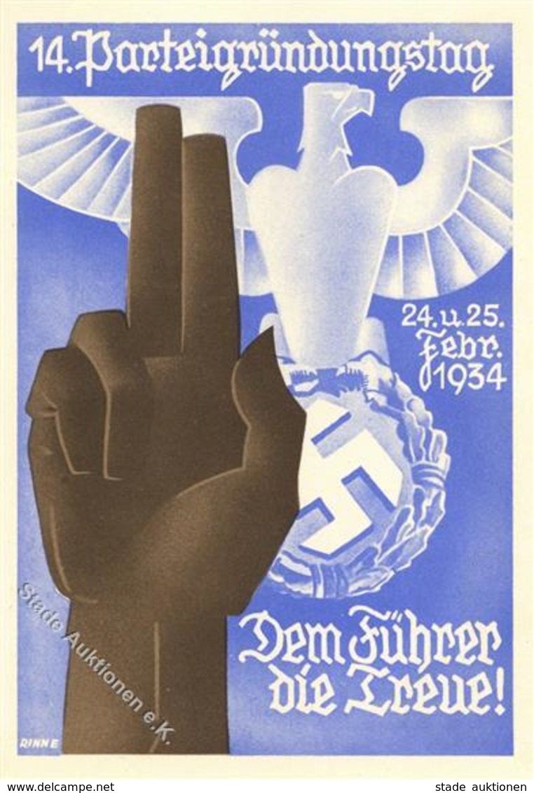 Propaganda WK II 14. Parteigründungstag 1934 Sign. Rinne Künstler-Karte I-II - War 1939-45