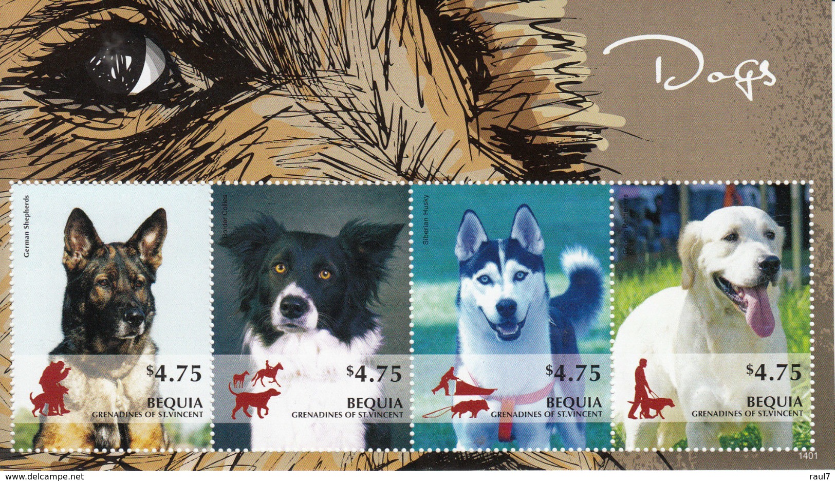 St Vincent (Bequia) 2014 - Chiens - BF 4 Val Neuf // Mnh - St.Vincent & Grenadines