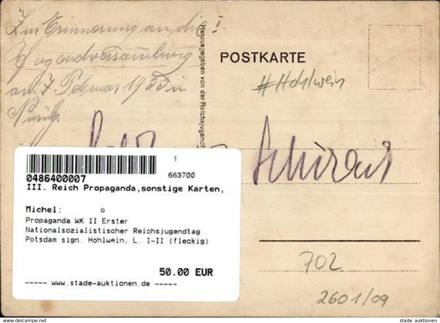 Propaganda WK II Erster Nationalsozialistischer Reichsjugendtag Potsdam Sign. Hohlwein, L. I-II (fleckig) - Weltkrieg 1939-45