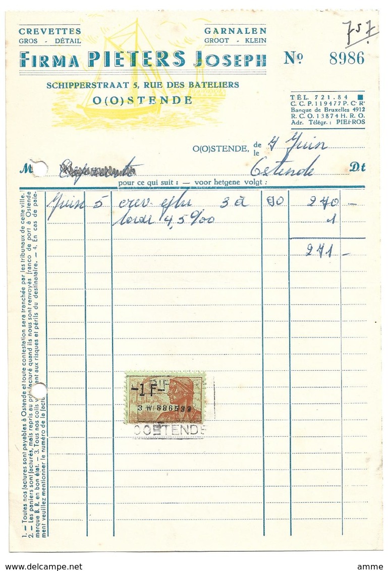 Oostende (Factuur)  *   Firma Pieters Joseph - Garnalen - Schipperstraat, 5 - 1950 - ...
