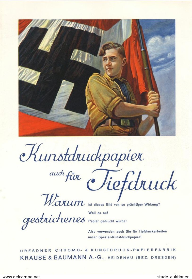 Propaganda WK II Hitler Junge Mit Fahne Werbung Für Kunstdruckpapier Krause & Baumann Heidenau Bez. Dresden Format DIN A - Weltkrieg 1939-45