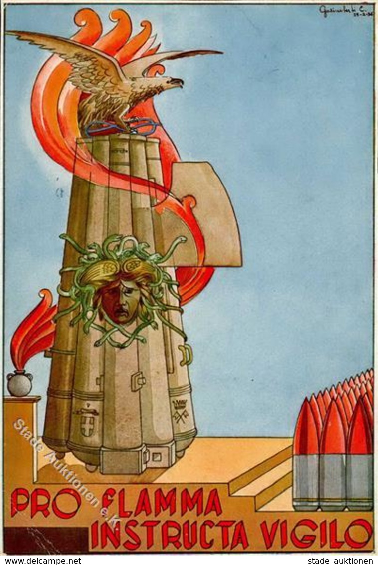 Propaganda WK II Italien Pro Flamma Instructa Vigilo Künstler-Karte I-II (Eckbug, Marke Entfernt) - Weltkrieg 1939-45