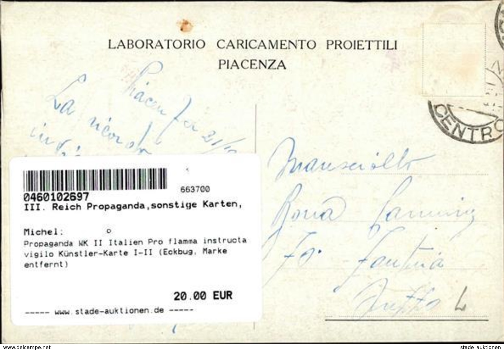 Propaganda WK II Italien Pro Flamma Instructa Vigilo Künstler-Karte I-II (Eckbug, Marke Entfernt) - War 1939-45