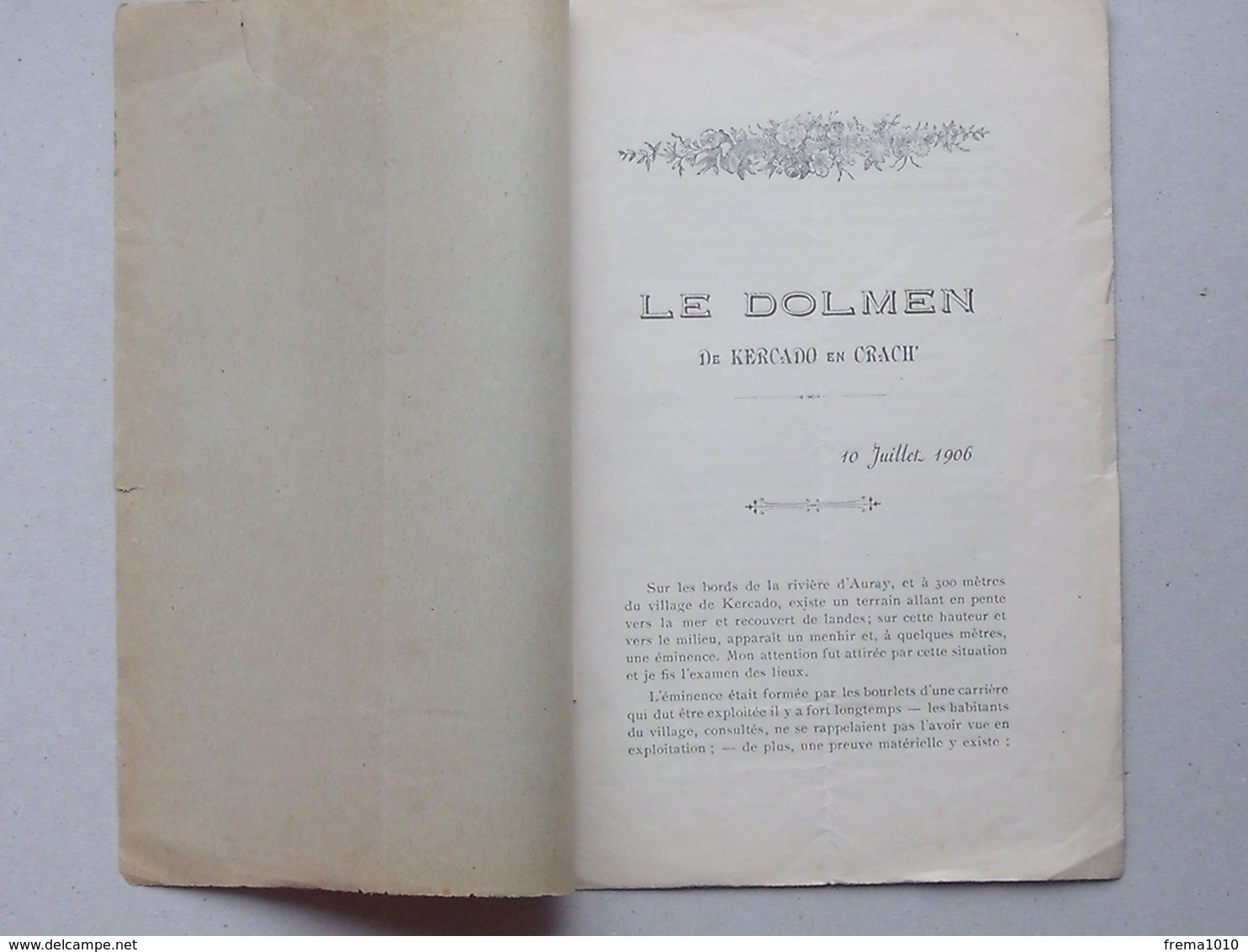 LE DOLMEN DE KERCADO EN CRACH': Livret 1906 De GAILLARD Père - 4 Pages + 1 Plan - Fouille Poterie Prehistoire... - 1901-1940