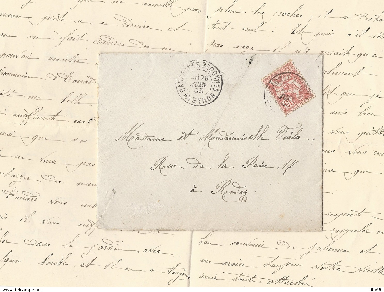 Mouchon 125 15c Vermillon Sur Enveloppe Avec Correspondance De Cassagnes -Begonhes 29/6/1903 Vers Rodez - 1877-1920: Période Semi Moderne