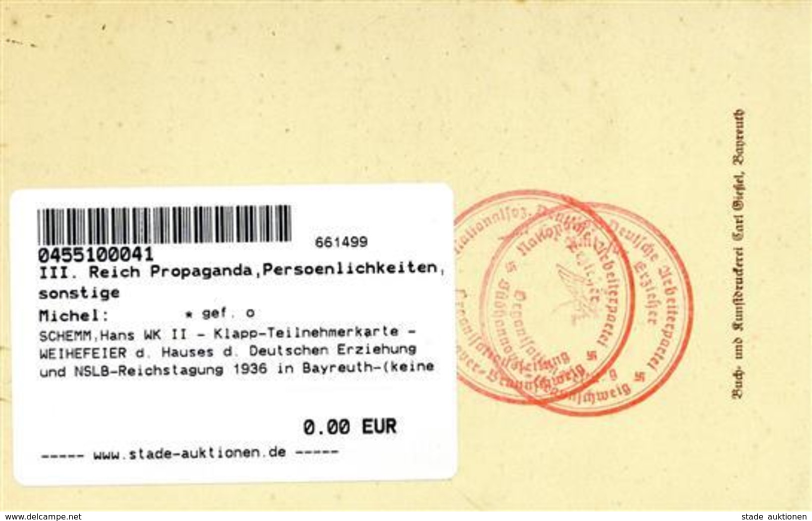 SCHEMM,Hans WK II - Klapp-Teilnehmerkarte -WEIHEFEIER D. Hauses D. Deutschen Erziehung Und NSLB-Reichstagung 1936 In Bay - Guerre 1939-45