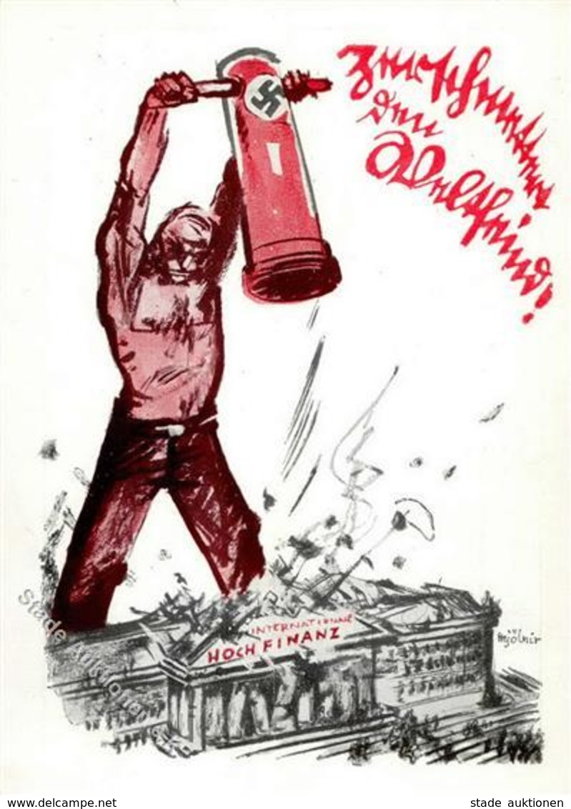 NSDAP-Prop-Ak WK II - KAMPF-VERLAG Bildkarte 4 -ZERTRÜMMERT Den WELTFEIND! Internationale Hochfinanz JUDAIKA Sign. Mjöln - War 1939-45