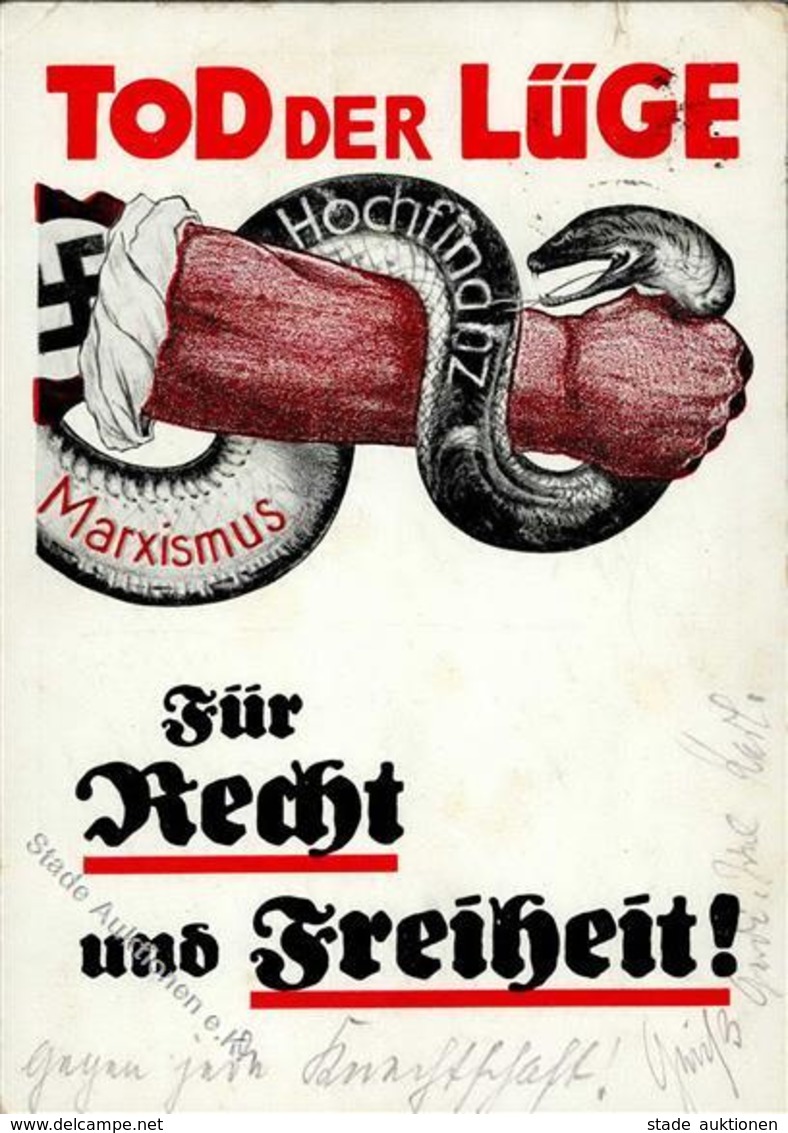 NSDAP-Prop-Ak WK II - Streiter-Verlag Bildkarte Nr. 5 -ARM Mit SCHLANGE- JUDAIKA! Oberer Rand Kl. Einriß II Bedarfsgebr. - War 1939-45
