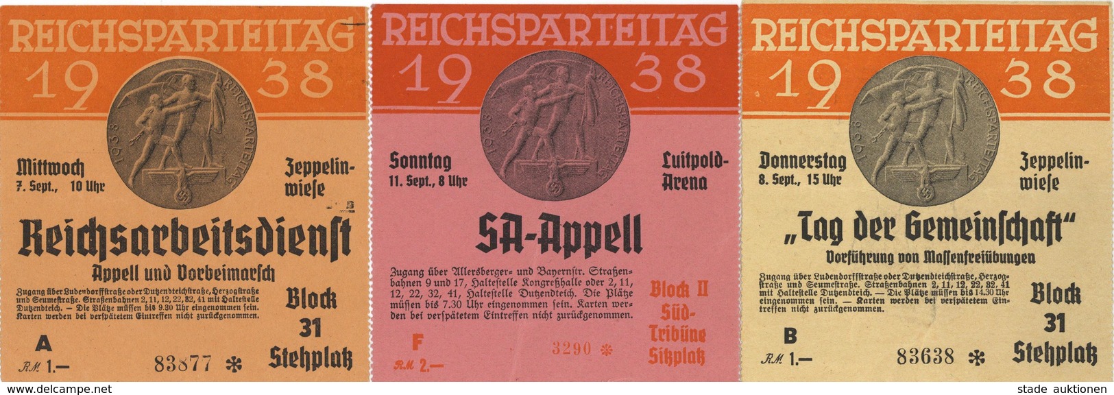 Reichsparteitag Nürnberg WKII - 3 Versch. Eintrittskarten 1938 (1x Mittelbug Sonst I-II) - Weltkrieg 1939-45