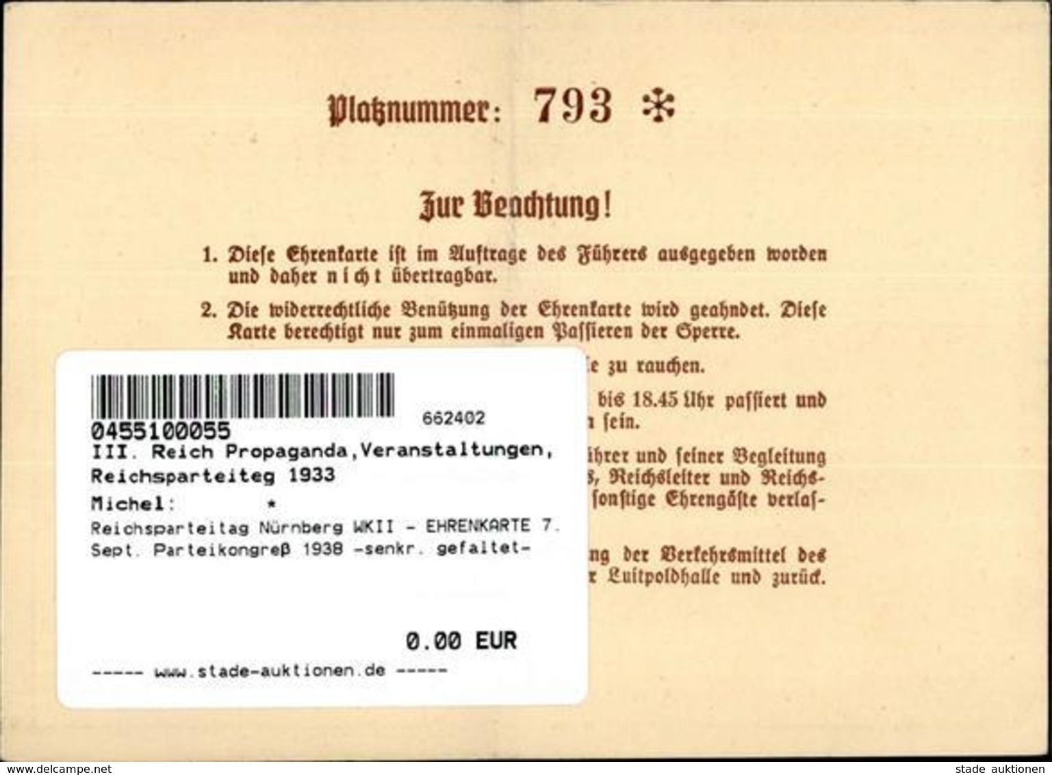 Reichsparteitag Nürnberg WKII - EHRENKARTE 7. Sept. Parteikongreß 1938 -senkr. Gefaltet- - Weltkrieg 1939-45