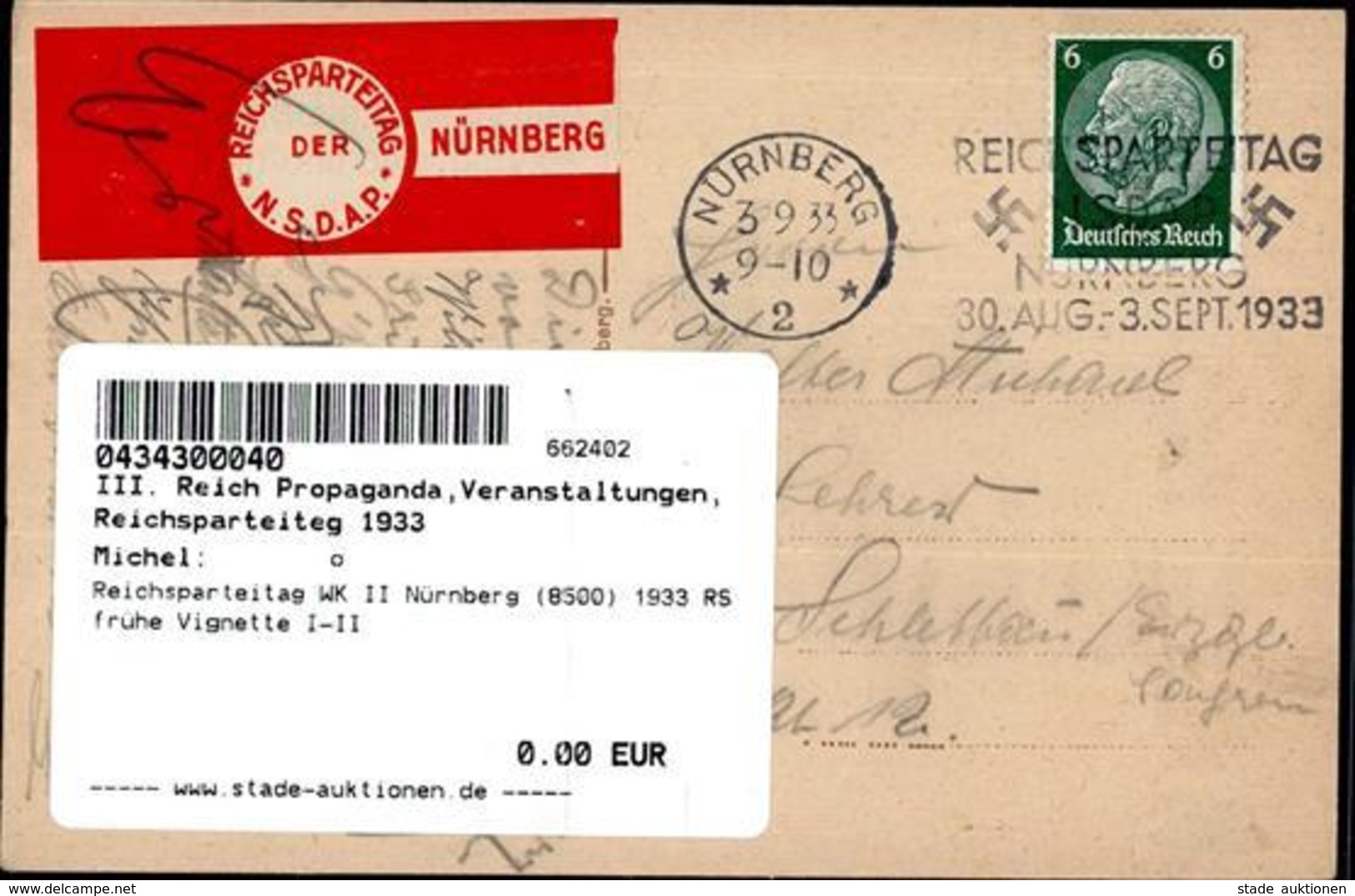 Reichsparteitag WK II Nürnberg (8500) 1933 RS Frühe Vignette I-II - Weltkrieg 1939-45