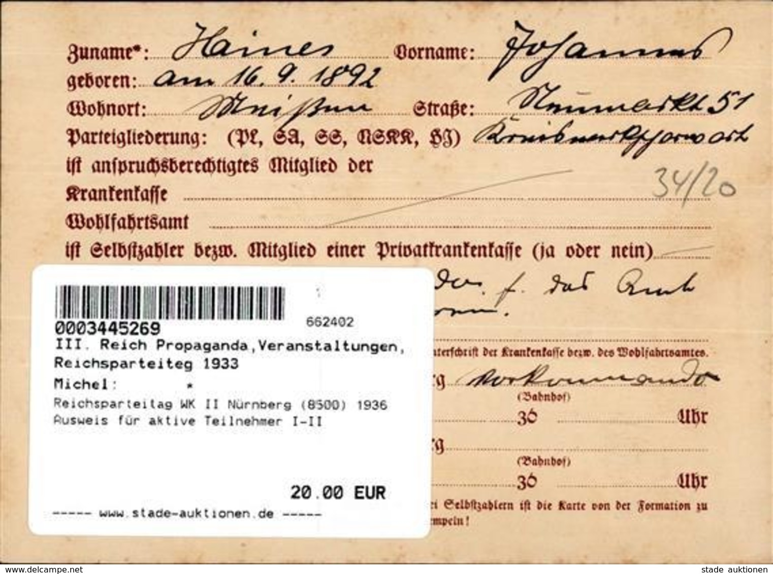 Reichsparteitag WK II Nürnberg (8500) 1936 Ausweis Für Aktive Teilnehmer I-II - Weltkrieg 1939-45