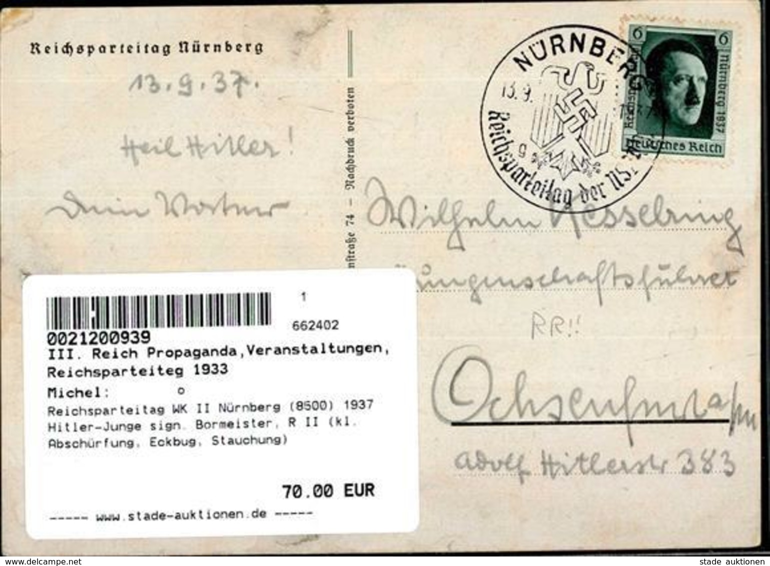 Reichsparteitag WK II Nürnberg (8500) 1937 Hitler-Junge Sign. Bormeister, R II (kl. Abschürfung, Eckbug, Stauchung) - Weltkrieg 1939-45