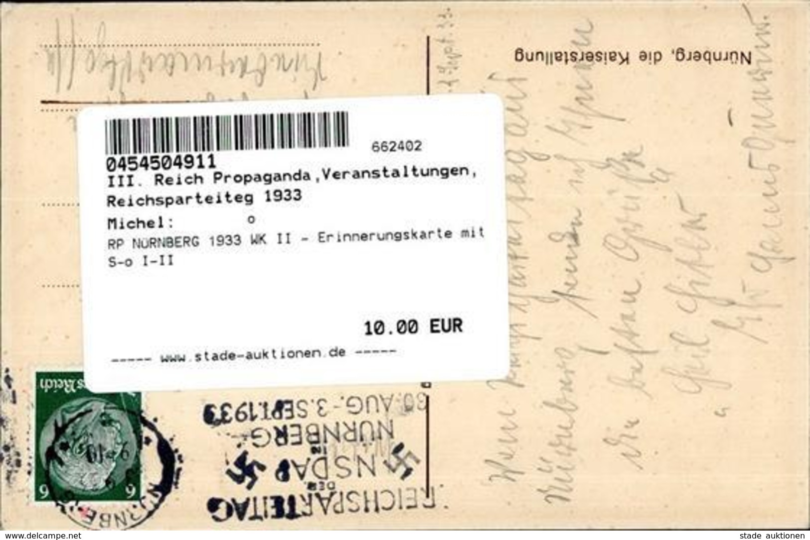 RP NÜRNBERG 1933 WK II - Erinnerungskarte Mit S-o I-II - Guerra 1939-45