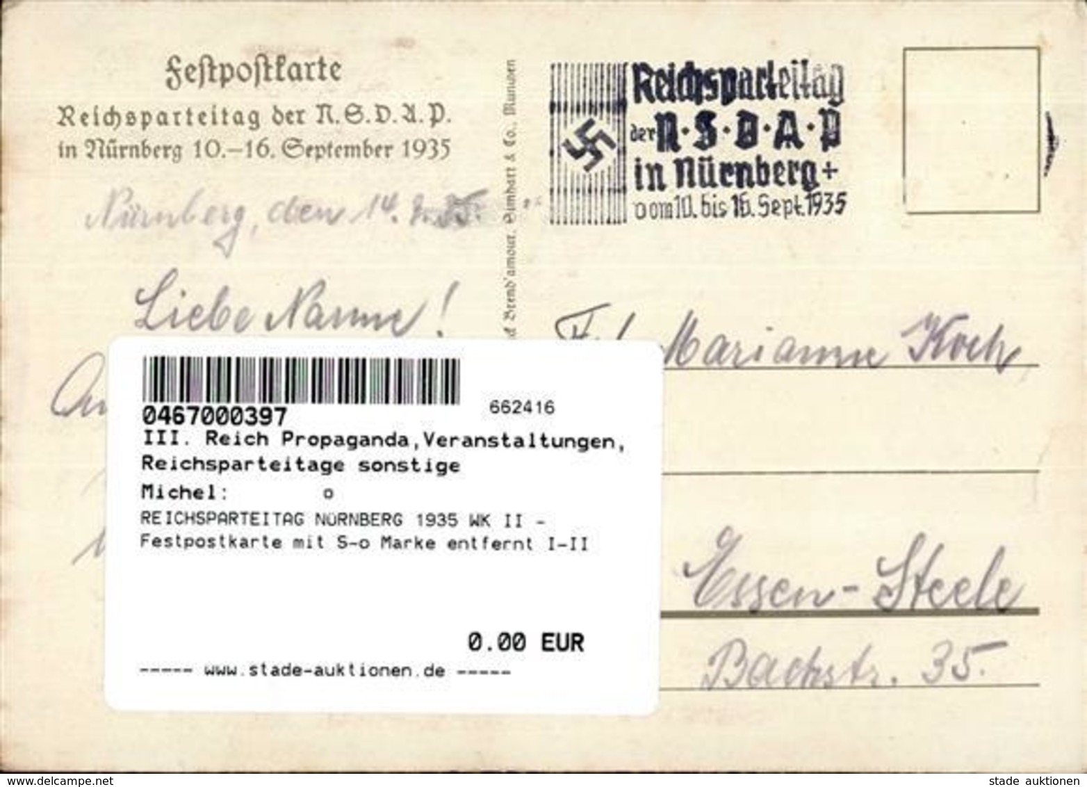 REICHSPARTEITAG NÜRNBERG 1935 WK II - Festpostkarte Mit S-o Marke Entfernt I-II - War 1939-45