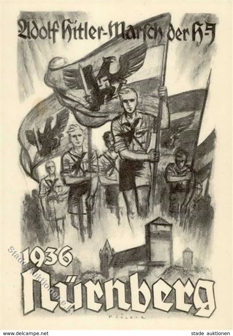 REICHSPARTEITAG NÜRNBERG 1936 WK II - Adolf-Hitler-Marsch Der HJ - Künstlerkarte Sign. Mjölnir I - War 1939-45