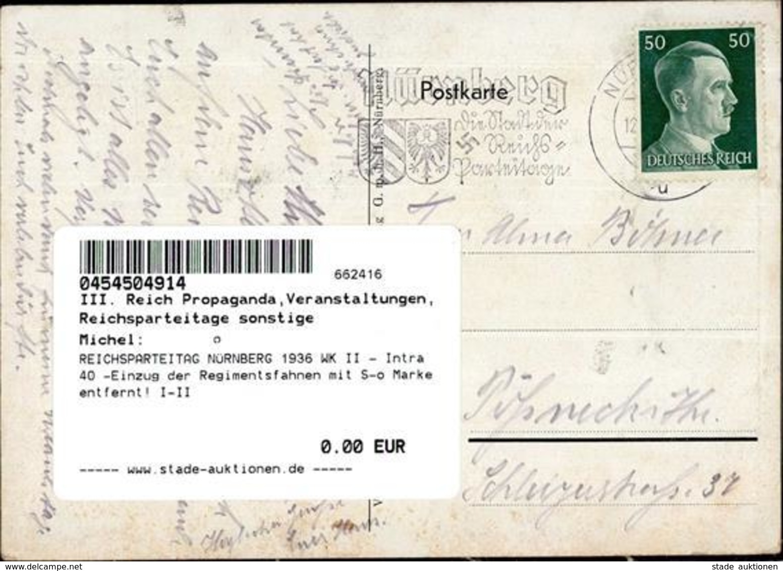 REICHSPARTEITAG NÜRNBERG 1936 WK II - Intra 40 -Einzug Der Regimentsfahnen Mit S-o Marke Entfernt! I-II - War 1939-45