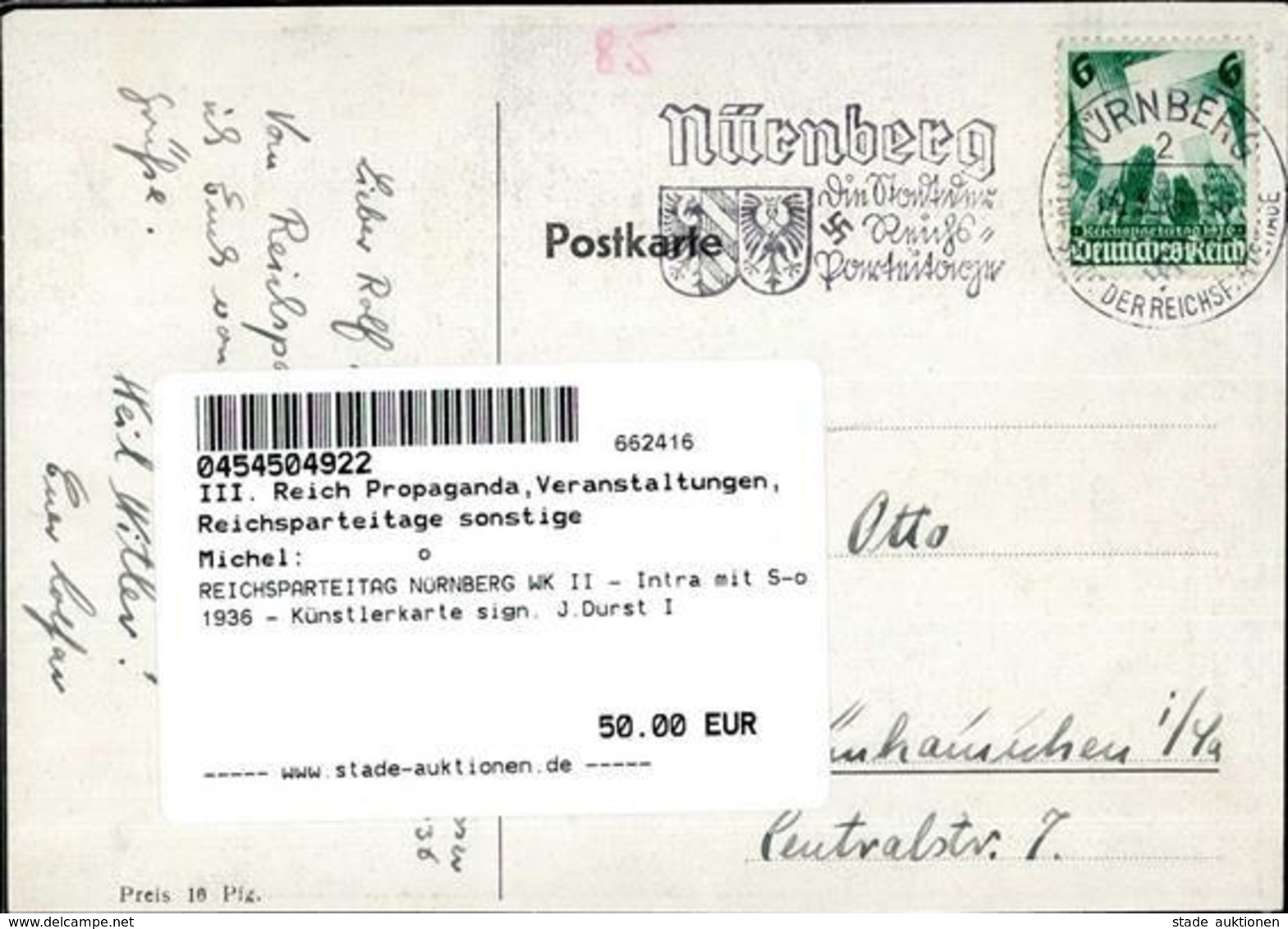 REICHSPARTEITAG NÜRNBERG WK II - Intra Mit S-o 1936 - Künstlerkarte Sign. J.Durst I - War 1939-45