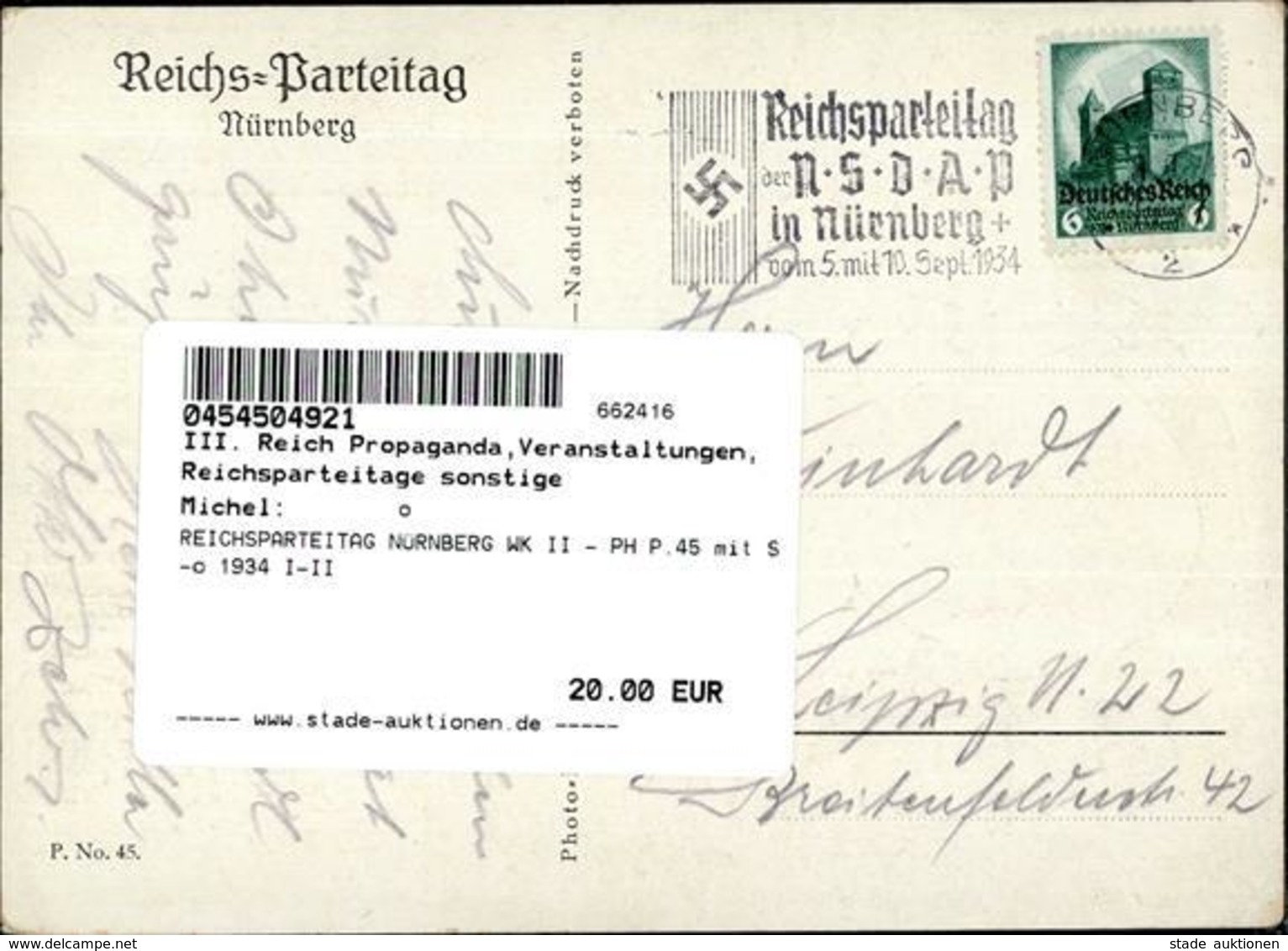 REICHSPARTEITAG NÜRNBERG WK II - PH P.45 Mit S-o 1934 I-II - Weltkrieg 1939-45