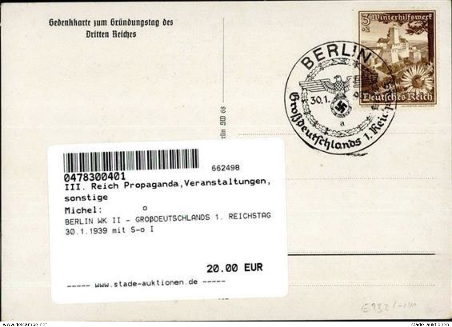 BERLIN WK II - GROßDEUTSCHLANDS 1. REICHSTAG 30.1.1939 Mit S-o I - Weltkrieg 1939-45