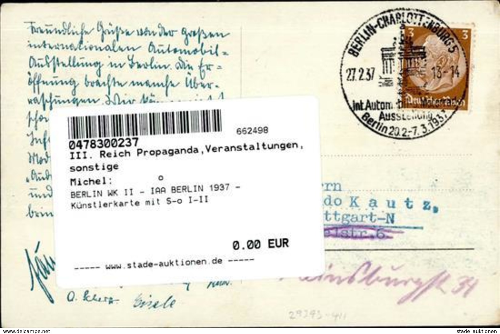 BERLIN WK II - IAA BERLIN 1937 - Künstlerkarte Mit S-o I-II - War 1939-45