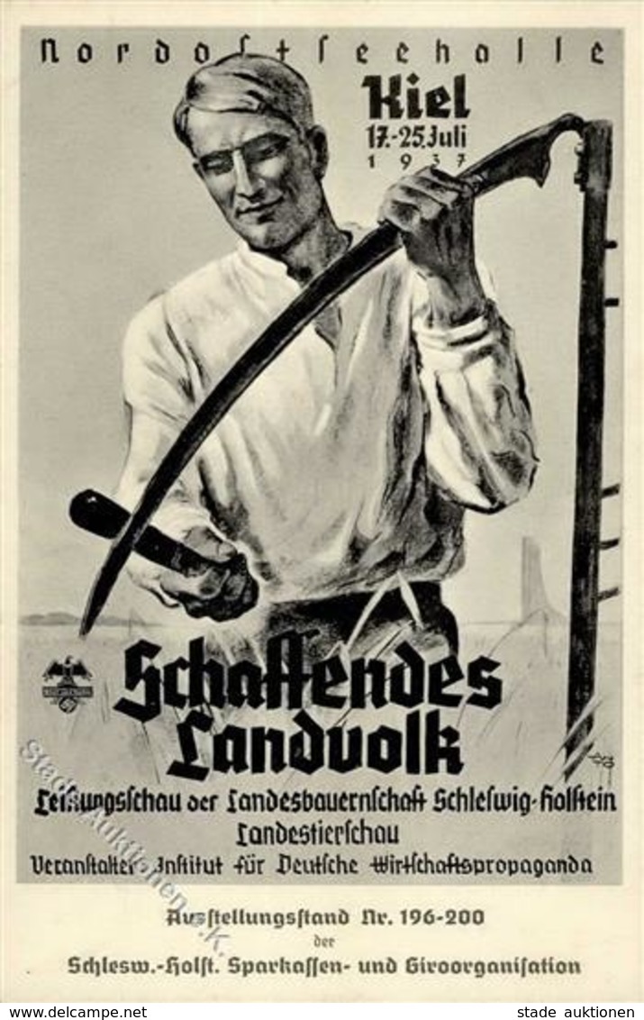 KIEL WK II - AUSSTELLUNG SCHAFFENDES VOLK 1937 - BLUT Unf BODEN Sign. Künstlerkarte I - Weltkrieg 1939-45