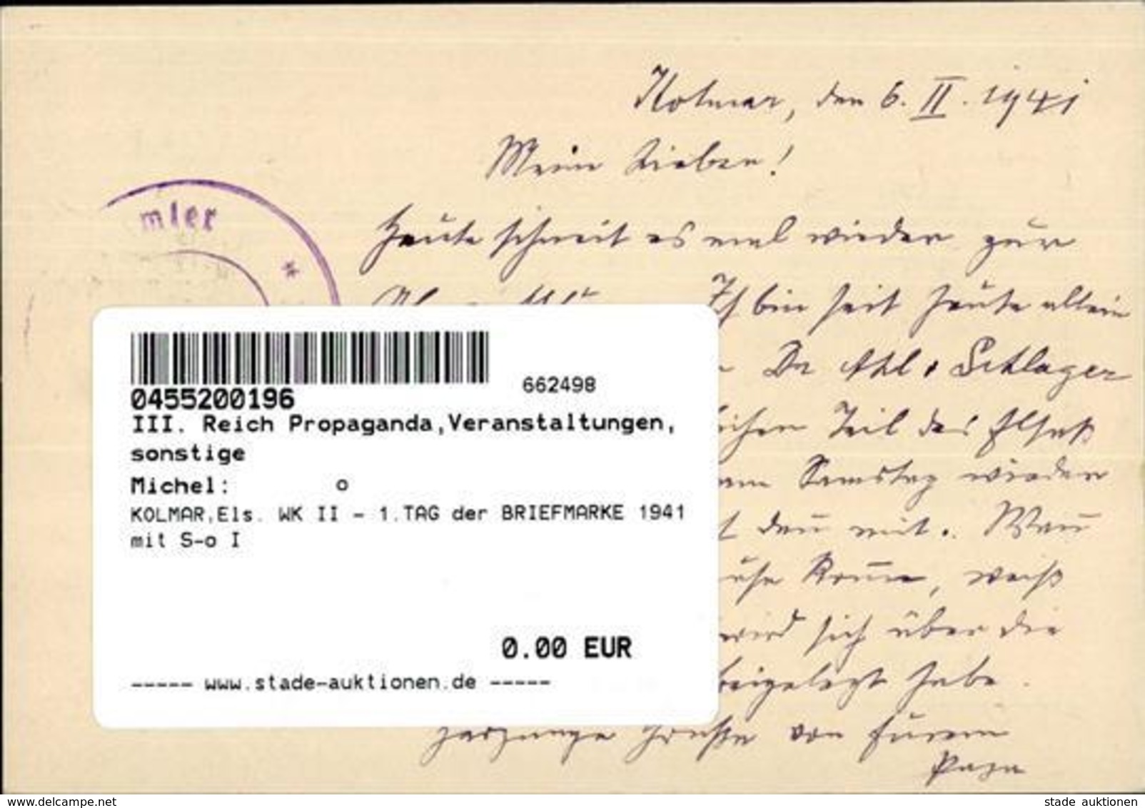 KOLMAR,Els. WK II - 1.TAG Der BRIEFMARKE 1941 Mit S-o I - War 1939-45