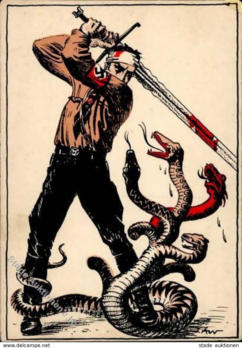 SA WK II - SA Erschlägt Die Schlange (Judaika) - Frühe Sign. Propaganda-Künstlerkarte -oben Rechts Eckfehler! = Reparier - Guerra 1939-45