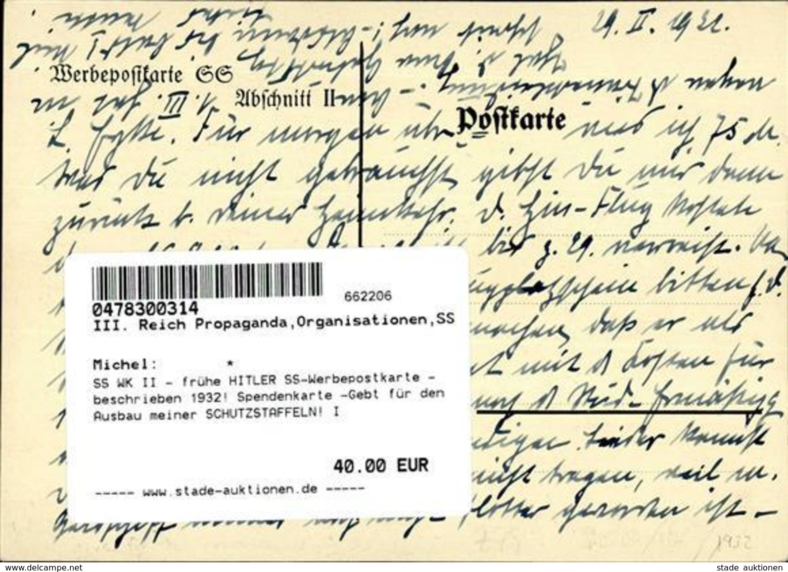 SS WK II - Frühe HITLER SS-Werbepostkarte - Beschrieben 1932! Spendenkarte -Gebt Für Den Ausbau Meiner SCHUTZSTAFFELN! I - War 1939-45