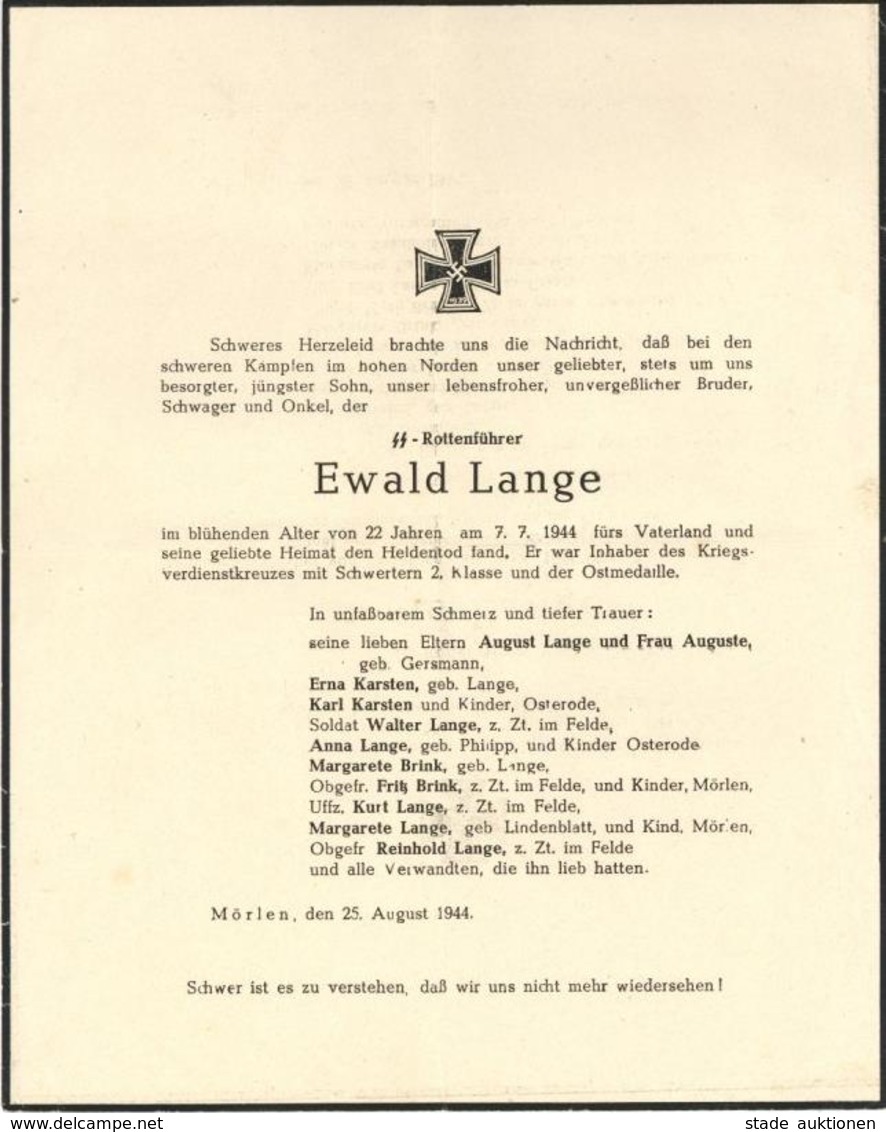SS WK II - Gefaltete Todesanzeige (16x20,5cm) D. SS-ROTTENFÜHRER Ewald Lange - Mörlen 25.8.1944 I-II - Weltkrieg 1939-45