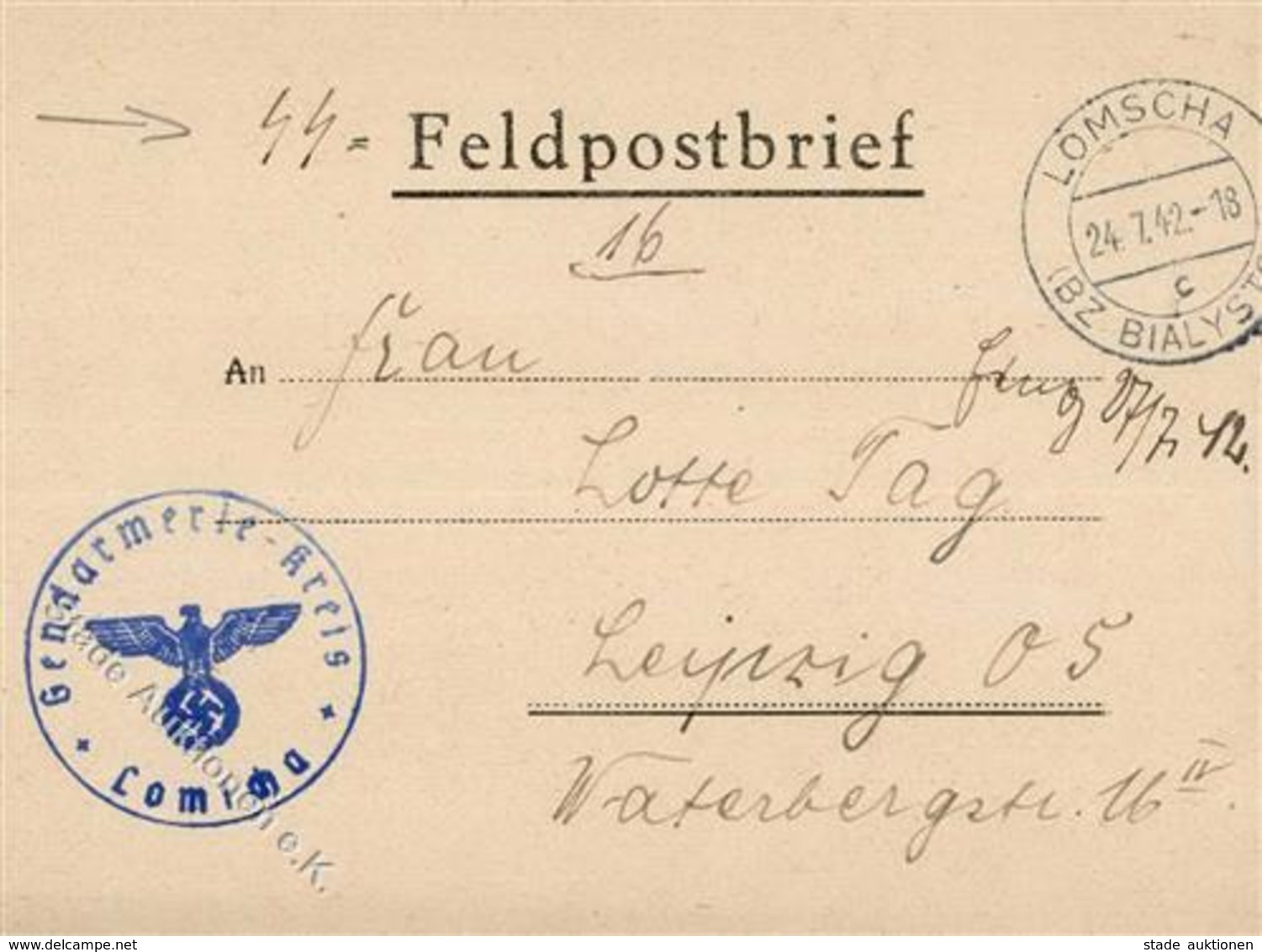 SS WK II - SS-Feldpostbrief 1942 -GENDARMERIE-KREIS LOMSCHA- I-II - War 1939-45